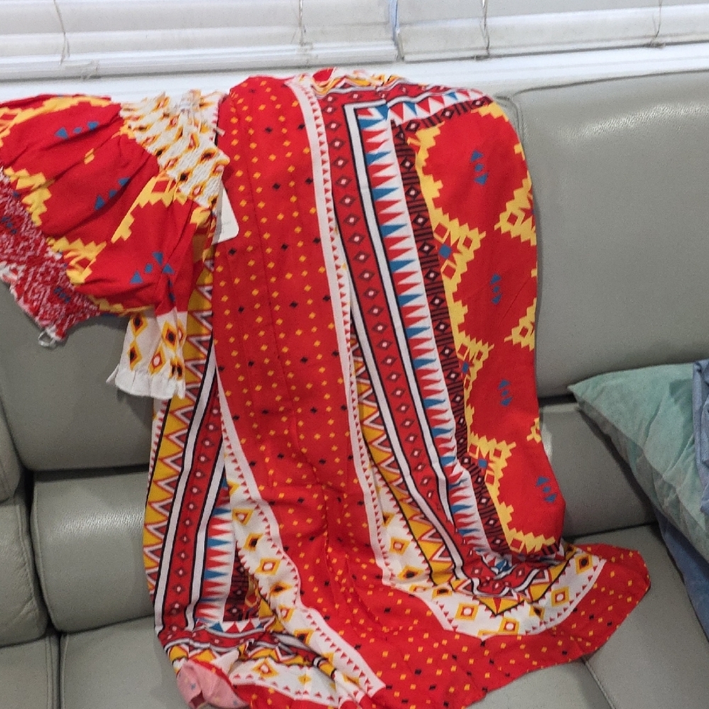 L'ATISTE Red and Yellow Geometric Dress